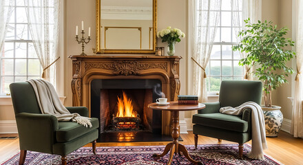 Cozy living room with fireplace, armchairs, coffee table, and natural light from the windows