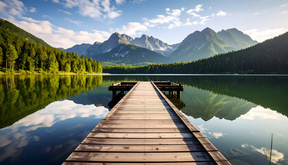 Wooden Pier Extending Over Calm Lake Reflecting Mountains and Forest Under Blue Sky with Sunlight