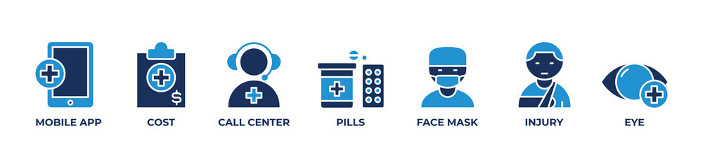 Smart Health Access Icons set vector illustration with Mobile app, Cost, Call center, Pills,  Face mask, Injury, Eye