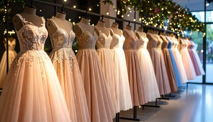 Elegant gowns with boutique display.
