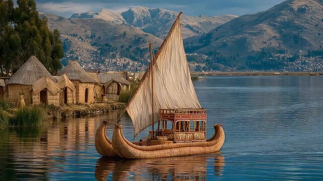 Traditional Reed Boat Sailing Lake Titicaca Peru