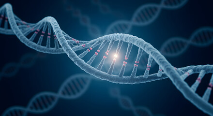 Close up of a glowing blue double helix dna strand against a dark background representing genetics and scientific research