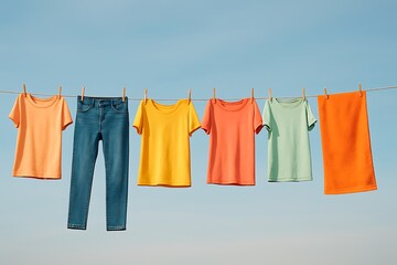 There will be a wire and there will be a scene of different colored clothes drying.