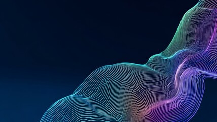 Abstract gradient wave of neon lines on blue and navy background with modern digital and business concept design