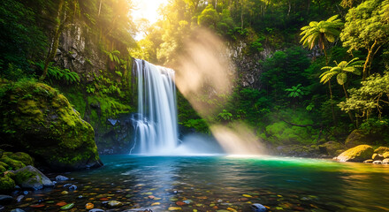 Sunlit Waterfall in Lush Rainforest Serenity and Nature's Beauty