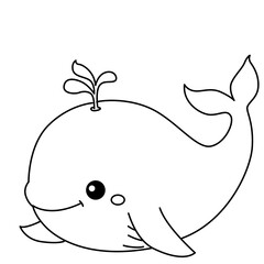 Smiling cartoon whale with water spout, outlined black drawing style, perfect for children’s coloring books or activity sheets.
