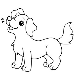 Playful cartoon puppy dog outlined in black, fun drawing for kids coloring book or educational learning sheet activity.