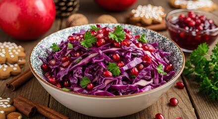 Delicious homemade red cabbage and pomegranate salad, a festive vegan dish for Christmas or holiday dinner.