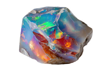Fototapeta premium Raw Opal Gemstone Isolated with Iridescent Rainbow Colors and Natural Texture isolated on transparent background Remove png, Clipping Path, pen tool