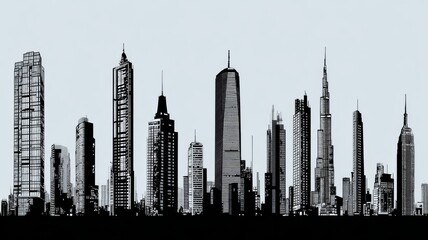 Low angle view of modern skyscrapers with glass facades reflecting sunlight in a bustling urban business district