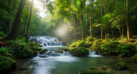 Lush Waterfall in Tropical Forest with Sunlight Streaming Through Trees