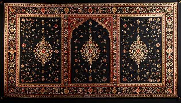 Intricate black rug with gold and red floral patterns, divided into three sections by borders