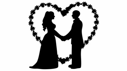 Silhouette of a bride and groom holding hands inside a floral heart shaped wreath decoration design