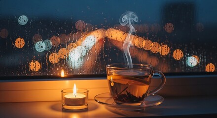 Cozy rainy night scene with tea and candle by window. Perfect for relaxation, mindfulness, or seasonal backgrounds. Ideal for blogs, websites, wellness promotions.