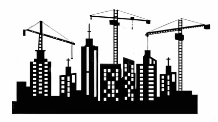 Obraz premium Silhouette of city skyline with buildings and construction cranes in black and white urban landscape view