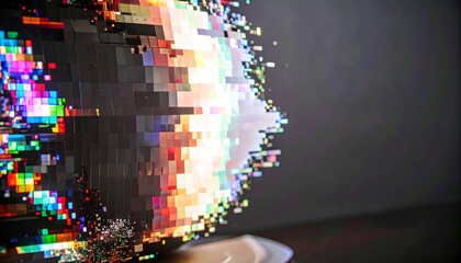 Dynamic digital data stream exploding with vibrant colorful pixels, representing innovation and technology.