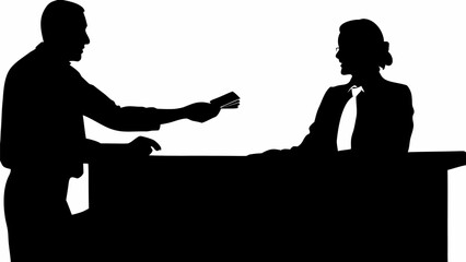 Silhouette of man handing cards to a woman behind a desk in a business transaction setting depicted