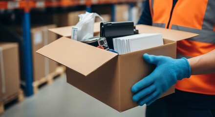 Warehouse Worker Packing Office Supplies in Box