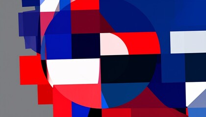 Dynamic abstract geometric composition with bold red blue white and grey shapes creating modern visual energy