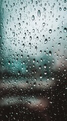 Fototapeta premium Raindrops on a window pane, creating a textured pattern against a blurred background.
