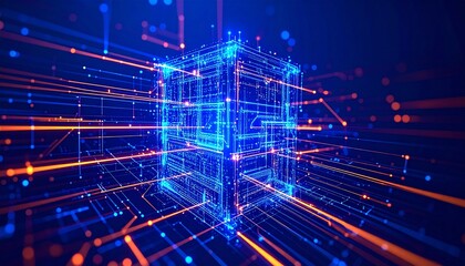 Dynamic data streams converge on futuristic glowing blue cube network, representing innovation and digital connection
