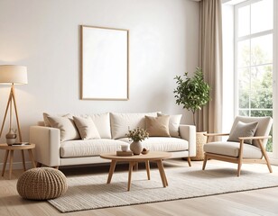 Fototapeta premium Bright living room featuring a beige sofa with pillows, a wooden coffee table, an armchair, a floor lamp, a rug, and a blank picture frame.