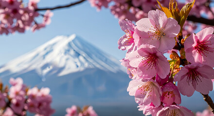 Scenic view of Mount Fuji with blooming pink cherry blossoms in the foreground, a beautiful spring landscape in Japan with sakura flowers and a clear blue sky.