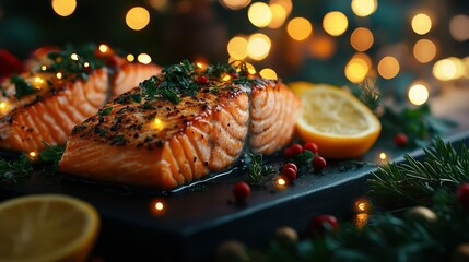 Festive Salmon Fillets Garnished with Herbs and Served with Citrus Slices