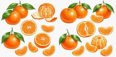A collection of vibrant orange tangerines, illustrated whole with leaves, peeled, and cut into juicy segments.
