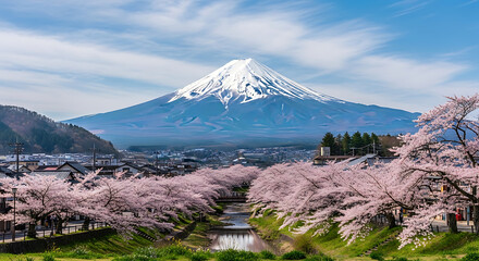 Obraz premium Mount Fuji Majestic A Serene Landscape of Cherry Blossoms and Iconic Japanese Scenery