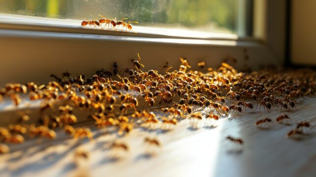 Ants swarm windowsill, sunlight, home infestation, pest control