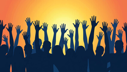 Crowd of silhouetted people raising hands in agreement