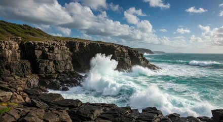 Dramatic Coastal Scene: Crashing Waves Against Rocky Cliffs Under Cloudy Sky
