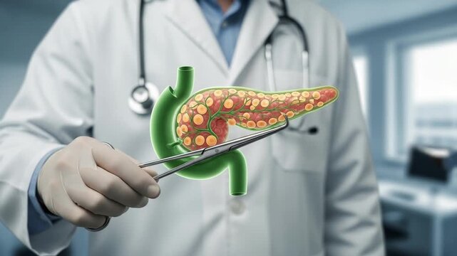Doctor holding pancreas model with surgical tool in medical setting for health demonstration