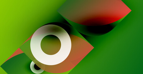 Abstract composition features curved shapes, vibrant colors. Green dominates background, contrasting with red, white elements. Modern design.