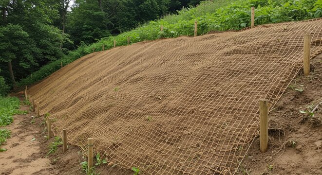 Erosion Control Netting on Slope, Environmental Protection, Natural Landscape, Greenery.