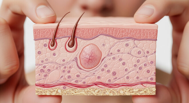 Basal cell carcinoma warning with skin cross-section