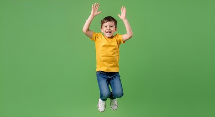 Joyful young boy in a yellow t-shirt and blue jeans, enthusiastically jumping high with a wide smile and raised arms on a vibrant green studio background