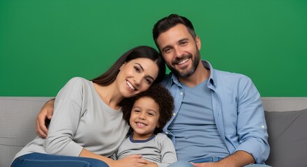 Fototapeta premium A loving and happy family portrait showcasing parents and their child smiling brightly together while relaxing comfortably on a sofa at home, radiating warmth and togetherness and connection