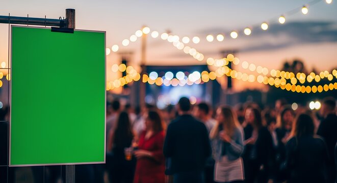 Green screen billboard at an outdoor music festival with a blurred crowd and festive lights in the background