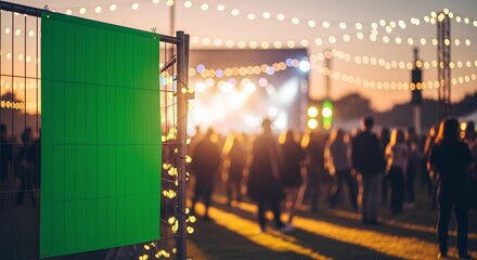 Outdoor Event Announcement Green Sign with Crowd and Stage Lights at Dusk