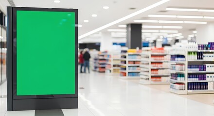 Store advertising concept with a blank green screen digital display panel inside a blurred supermarket background.