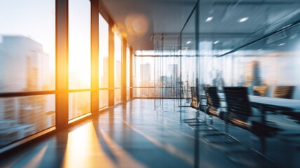 Modern corporate office interior with blurred business environment, bright sunlight reflection on glass windows, contemporary workplace background for professional design and presentation