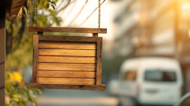 Rustic Wooden Sign Mockup Hanging on a Chain with Dynamic Blurry Street Traffic and Warm Sunlight