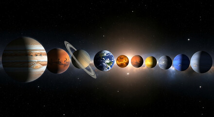 A lineup of the planets in our solar system, showcasing a stunning cosmic alignment in the vast expanse of space.