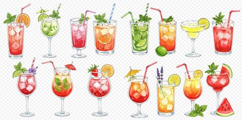 A colorful watercolor collection of various refreshing summer cocktails and drinks garnished with fruit and mint.