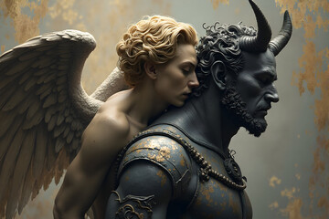 Angel Resting on Shoulder of Horned Character in Artistic Rendering