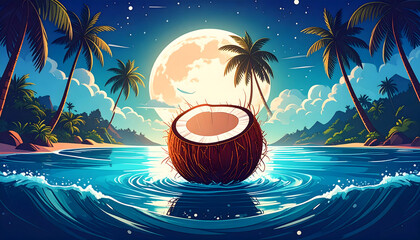 Pixelated Coconut Floating in Tropical Waters at Night Beneath a Glowing Full Moon and Silhouetted Palm Trees