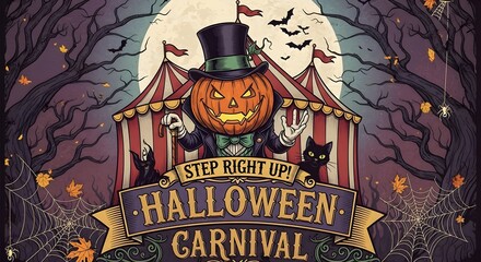 Spooky Halloween carnival poster featuring a jack-o'-lantern ringmaster, black cats, and bats