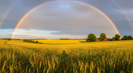 Naklejka premium Spectacular double rainbow arching over a vibrant golden field with red poppies and blue cornflowers